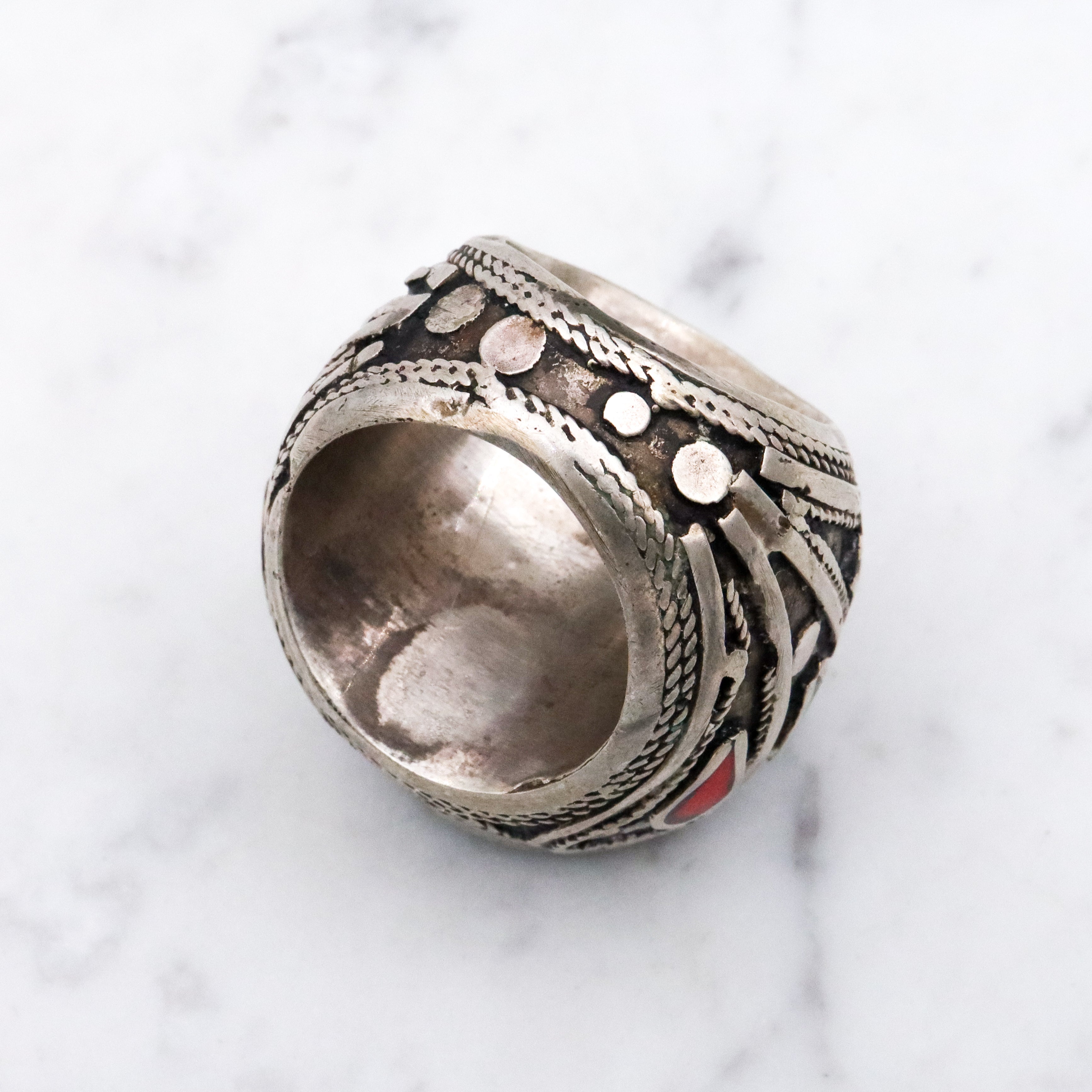 Vintage Afghan tribal silver lapis intaglio ring, size 5.5